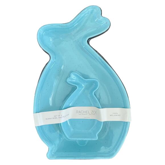 RACHEL ZOE Blue Speckled MELAMINE Easter Rabbit Serving Tray & Bowl Set NEW - Picture 1 of 11